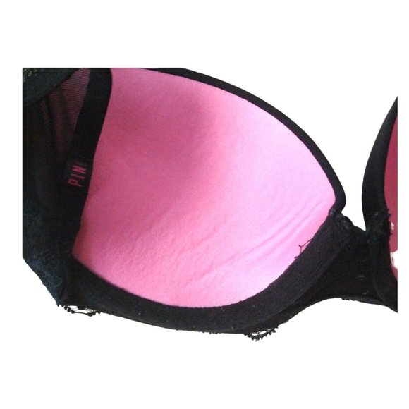 Victoria Secret PINK Womens Black Lace Trim Underwire Lightly Padded Bra 32C/B - Picture 9 of 11
